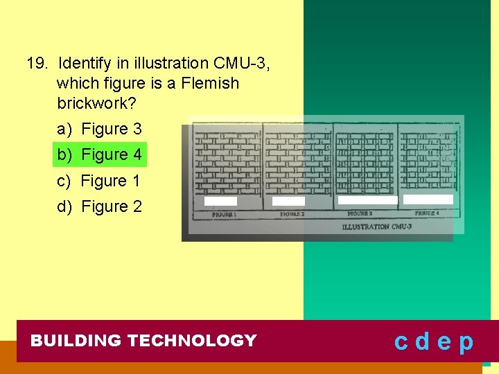 19. Identify in illustration CMU-3, which figure is a Flemish brickwork? a) Figure 3