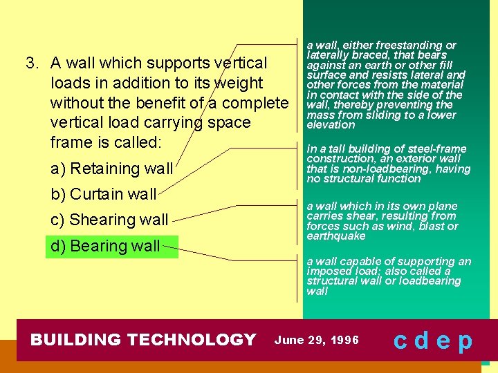 3. A wall which supports vertical loads in addition to its weight without the