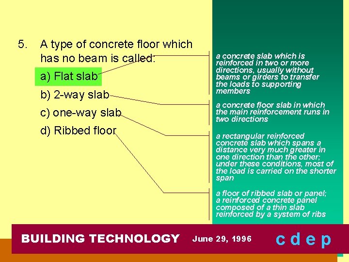 5. A type of concrete floor which has no beam is called: a) Flat