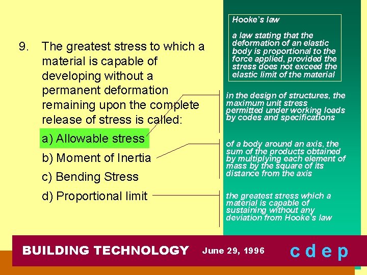 Hooke’s law 9. The greatest stress to which a material is capable of developing