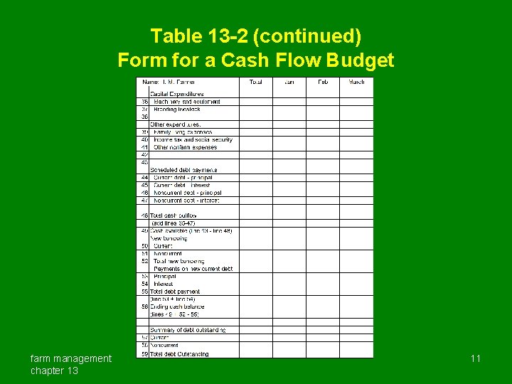 Table 13 -2 (continued) Form for a Cash Flow Budget farm management chapter 13