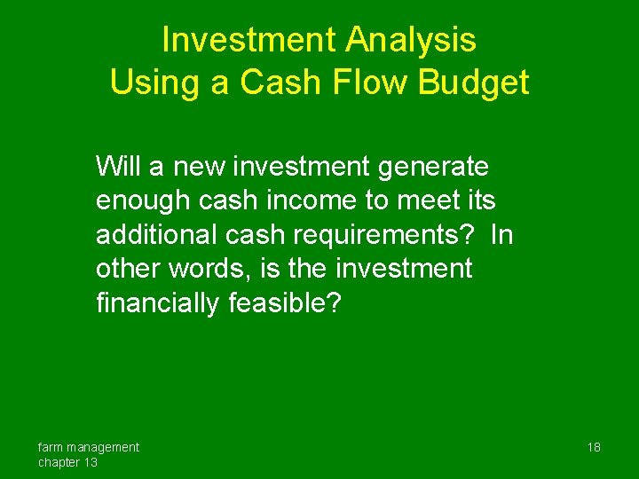 Investment Analysis Using a Cash Flow Budget Will a new investment generate enough cash