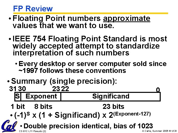 FP Review • Floating Point numbers approximate values that we want to use. •