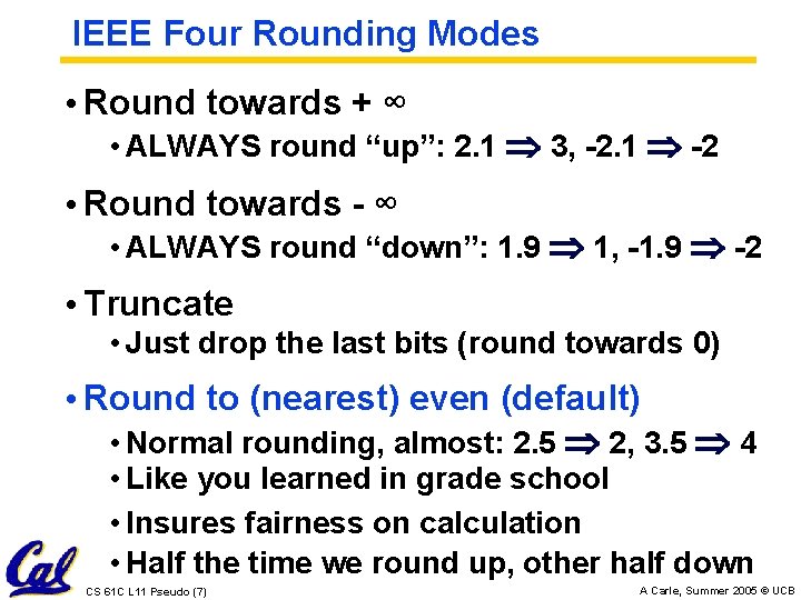 IEEE Four Rounding Modes • Round towards + ∞ • ALWAYS round “up”: 2.