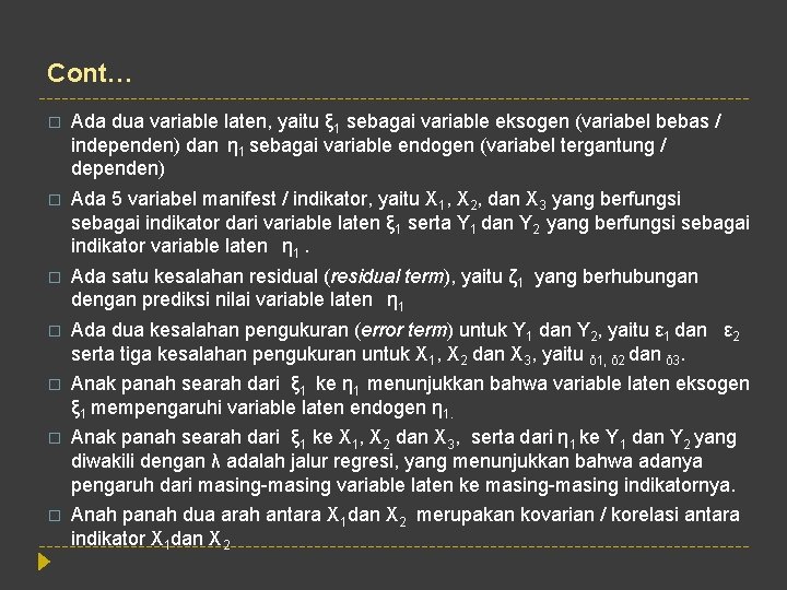 Cont… � Ada dua variable laten, yaitu ξ 1 sebagai variable eksogen (variabel bebas