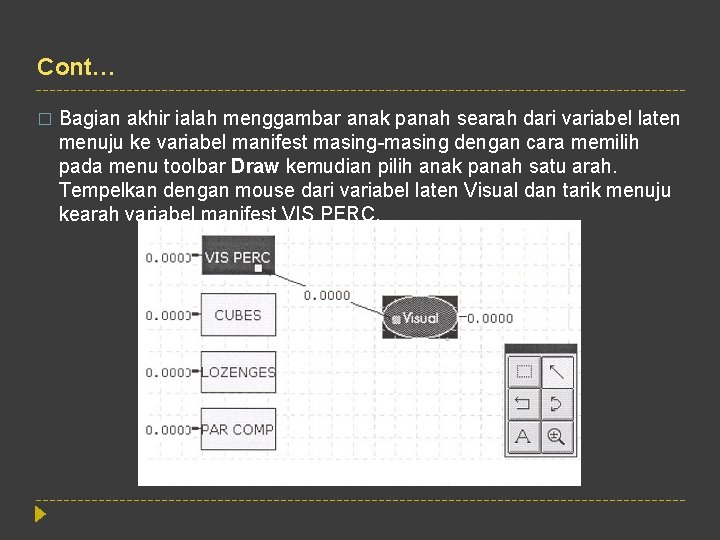 Cont… � Bagian akhir ialah menggambar anak panah searah dari variabel laten menuju ke