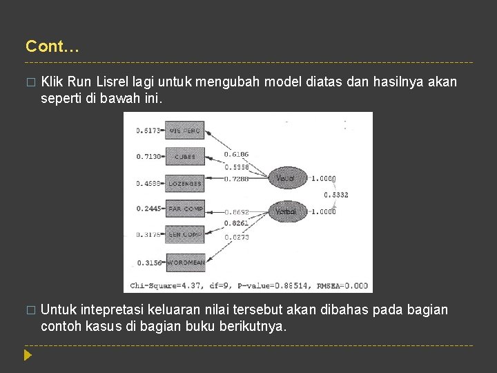 Cont… � Klik Run Lisrel lagi untuk mengubah model diatas dan hasilnya akan seperti