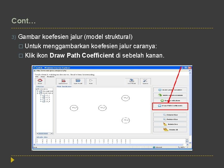 Cont… 3) Gambar koefesien jalur (model struktural) � Untuk menggambarkan koefesien jalur caranya: �