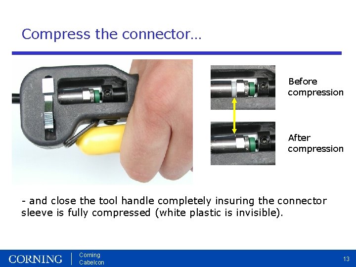 Compress the connector… Before compression After compression - and close the tool handle completely