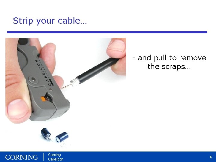 Strip your cable… - and pull to remove the scraps… Corning Cabelcon 6 