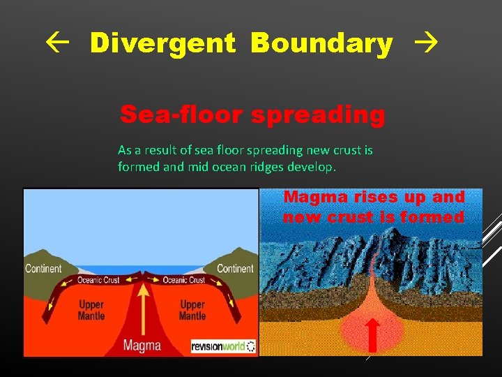  Divergent Boundary Sea-floor spreading As a result of sea floor spreading new crust