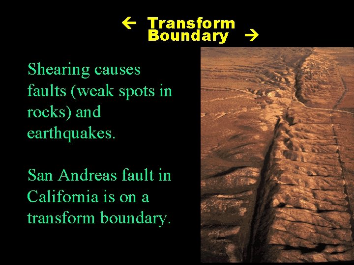  Transform Boundary Shearing causes faults (weak spots in rocks) and earthquakes. San Andreas