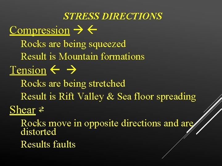 STRESS DIRECTIONS Compression Rocks are being squeezed Result is Mountain formations Tension Rocks are