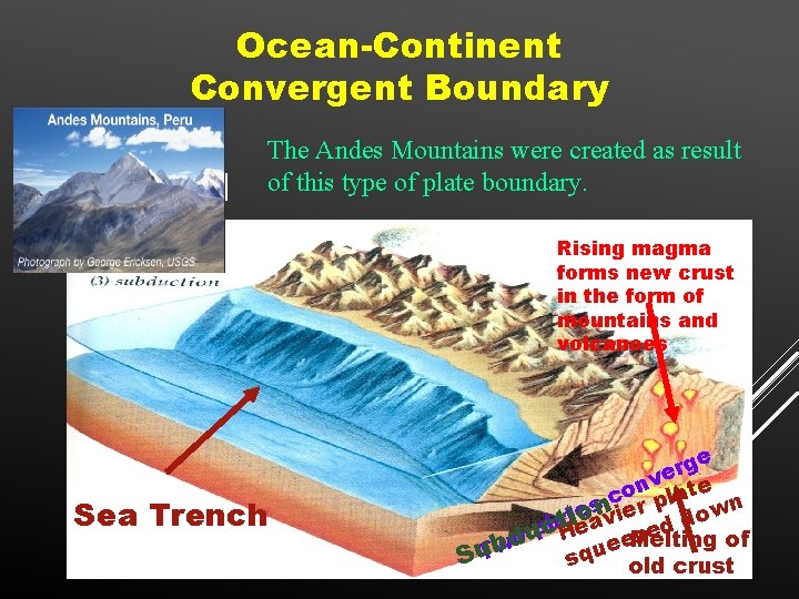 Ocean-Continent Convergent Boundary The Andes Mountains were created as result of this type of