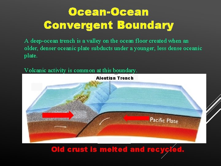 Ocean-Ocean Convergent Boundary A deep-ocean trench is a valley on the ocean floor created