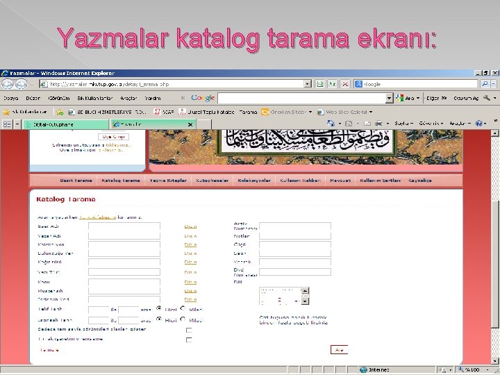 Yazmalar katalog tarama ekranı: 