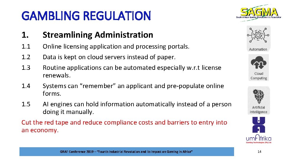 GAMBLING REGULATION 1. Streamlining Administration 1. 1 1. 2 1. 3 Online licensing application