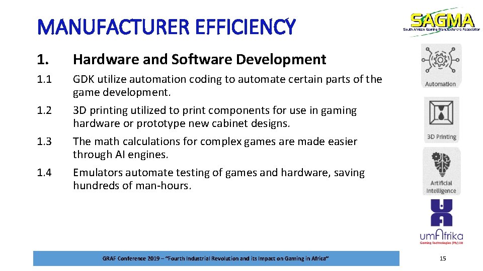 MANUFACTURER EFFICIENCY 1. Hardware and Software Development 1. 1 GDK utilize automation coding to