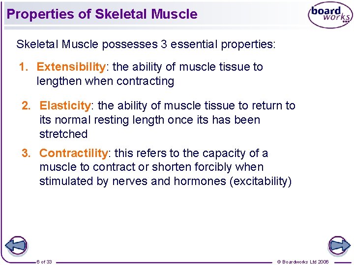 Properties of Skeletal Muscle possesses 3 essential properties: 1. Extensibility: the ability of muscle Properties of Skeletal Muscle possesses 3 essential properties: 1. Extensibility: the ability of muscle