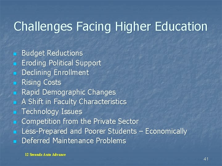 Challenges Facing Higher Education n n Budget Reductions Eroding Political Support Declining Enrollment Rising Challenges Facing Higher Education n n Budget Reductions Eroding Political Support Declining Enrollment Rising