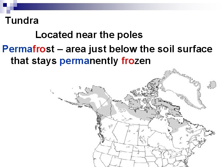 Tundra Located near the poles Permafrost – area just below the soil surface that