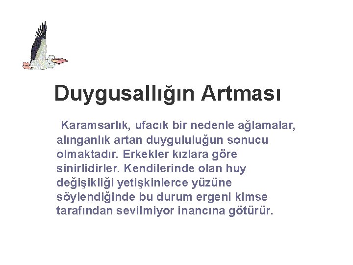 Duygusallığın Artması Karamsarlık, ufacık bir nedenle ağlamalar, alınganlık artan duygululuğun sonucu olmaktadır. Erkekler kızlara