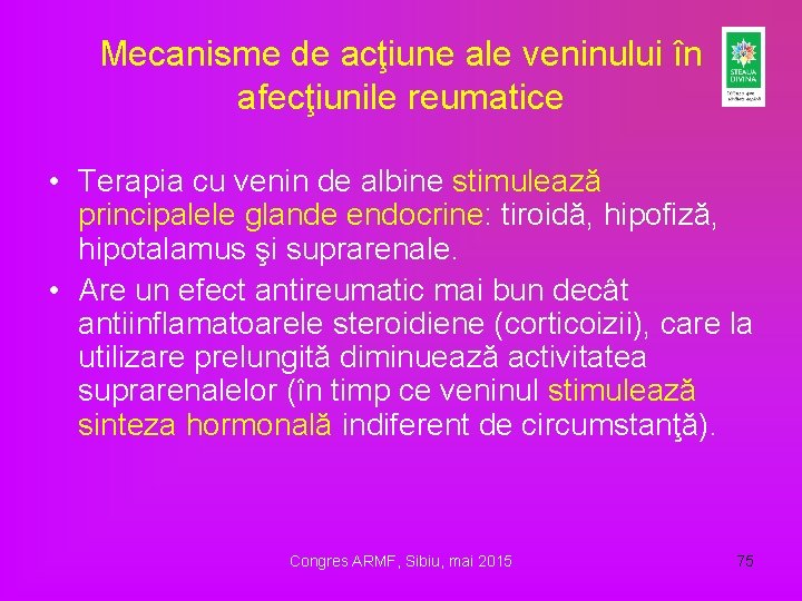 Mecanisme de acţiune ale veninului în afecţiunile reumatice • Terapia cu venin de albine Mecanisme de acţiune ale veninului în afecţiunile reumatice • Terapia cu venin de albine