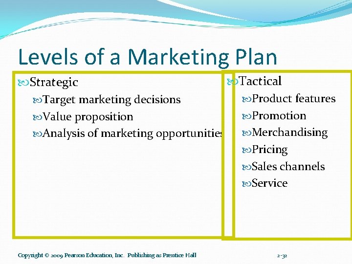 Levels of a Marketing Plan Tactical Strategic Product features Target marketing decisions Promotion Value