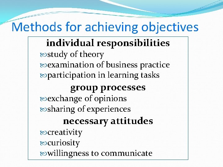 Methods for achieving objectives individual responsibilities study of theory examination of business practice participation