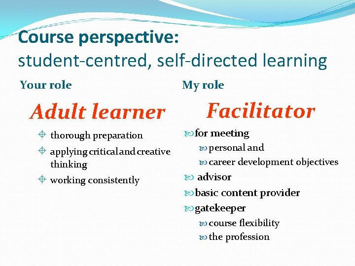 Course perspective: student-centred, self-directed learning Your role Adult learner My role Facilitator for meeting