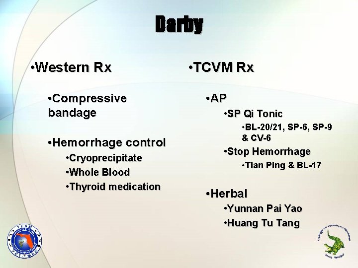 Darby • Western Rx • Compressive bandage • Hemorrhage control • Cryoprecipitate • Whole