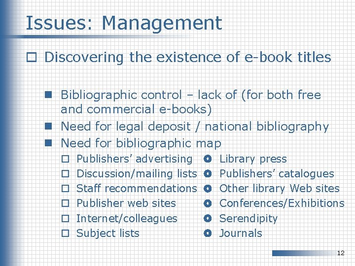 Issues: Management o Discovering the existence of e-book titles n Bibliographic control – lack