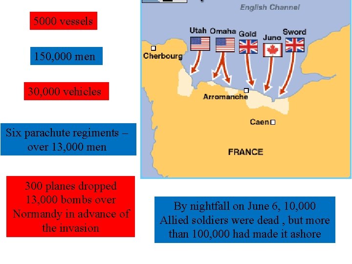 5000 vessels 150, 000 men 30, 000 vehicles Six parachute regiments – over 13,