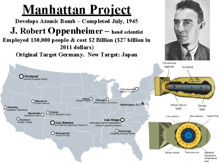 Manhattan Project Develops Atomic Bomb – Completed July, 1945 J. Robert Oppenheimer – head
