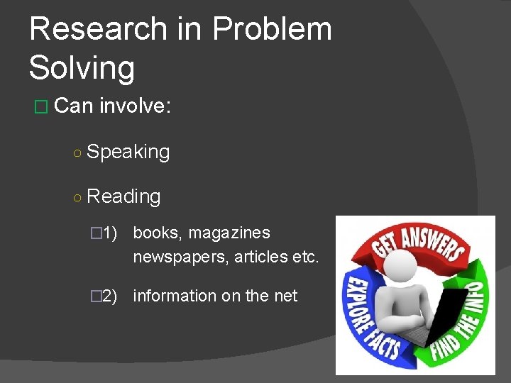 Research in Problem Solving � Can involve: ○ Speaking ○ Reading � 1) books,