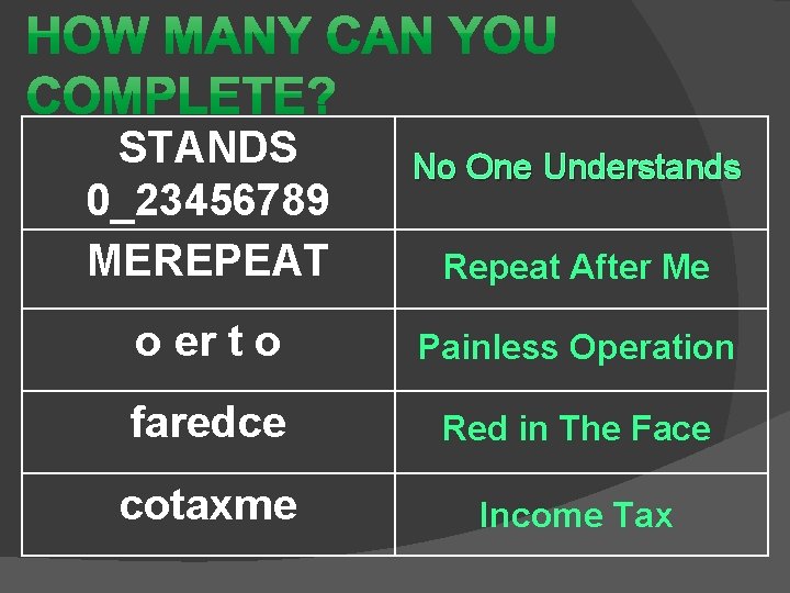 STANDS 0_23456789 MEREPEAT No One Understands Repeat After Me o er t o Painless