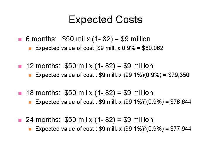 Expected Costs n 6 months: $50 mil x (1 -. 82) = $9 million