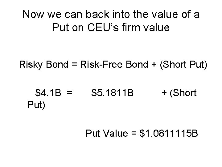 Now we can back into the value of a Put on CEU’s firm value