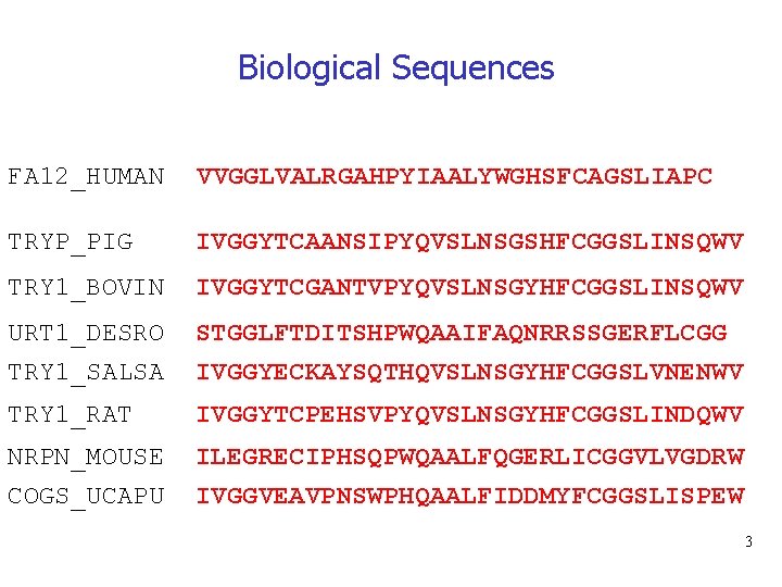 Biological Sequences FA 12_HUMAN VVGGLVALRGAHPYIAALYWGHSFCAGSLIAPC TRYP_PIG IVGGYTCAANSIPYQVSLNSGSHFCGGSLINSQWV TRY 1_BOVIN IVGGYTCGANTVPYQVSLNSGYHFCGGSLINSQWV URT 1_DESRO TRY 1_SALSA