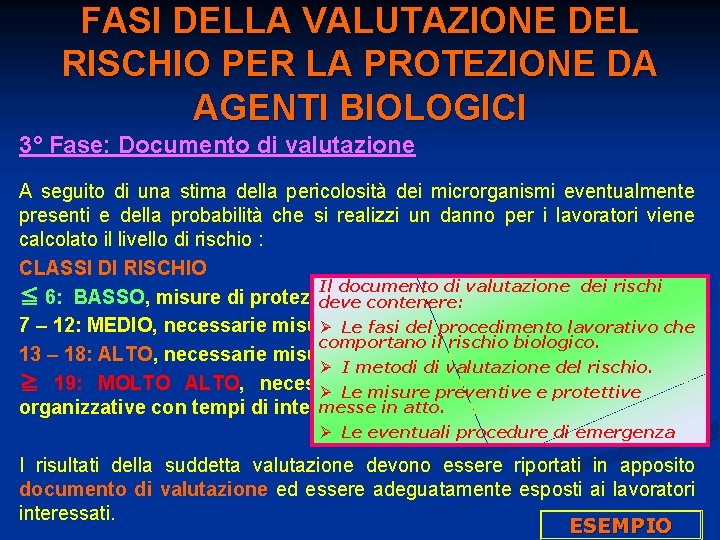 FASI DELLA VALUTAZIONE DEL RISCHIO PER LA PROTEZIONE DA AGENTI BIOLOGICI 3° Fase: Documento