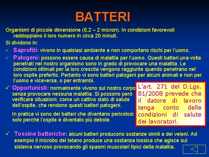 BATTERI Organismi di piccole dimensione (0, 2 – 2 micron). In condizioni favorevoli raddoppiano