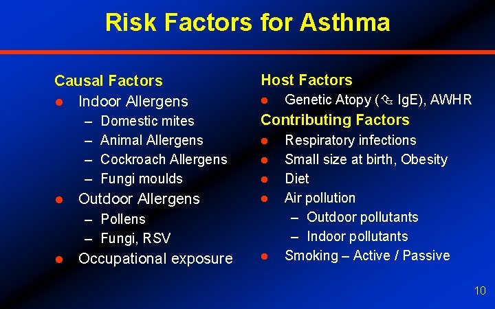 Risk Factors for Asthma Causal Factors l Indoor Allergens – – l Domestic mites