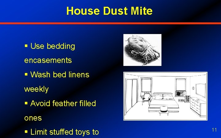 House Dust Mite § Use bedding encasements § Wash bed linens weekly § Avoid