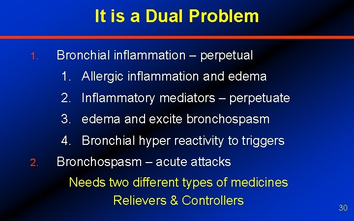 It is a Dual Problem 1. Bronchial inflammation – perpetual 1. Allergic inflammation and