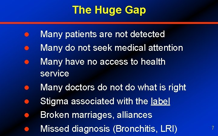 The Huge Gap l Many patients are not detected l Many do not seek