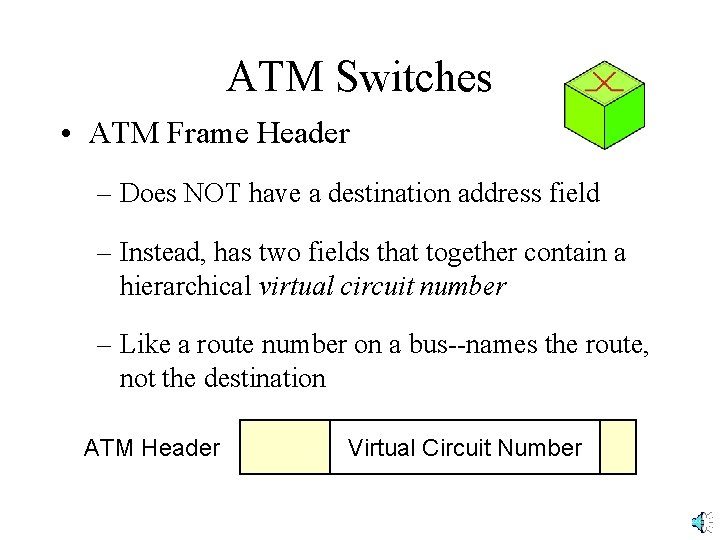 ATM Switches • ATM Frame Header – Does NOT have a destination address field