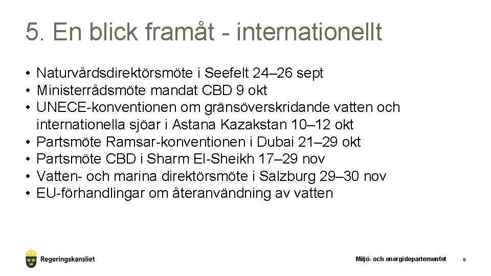 5. En blick framåt - internationellt • Naturvårdsdirektörsmöte i Seefelt 24– 26 sept •