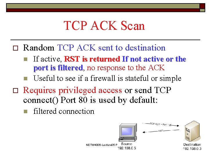 TCP ACK Scan o Random TCP ACK sent to destination n n o If