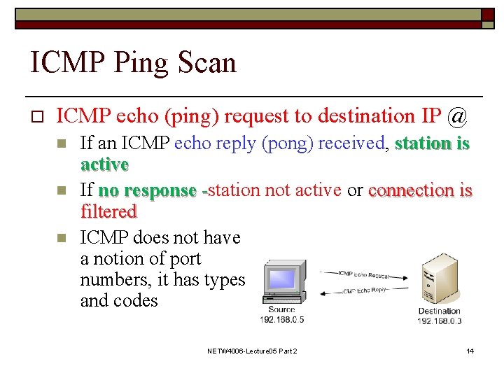 ICMP Ping Scan o ICMP echo (ping) request to destination IP @ n n