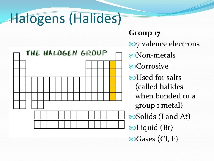 Halogens (Halides) Group 17 7 valence electrons Non-metals Corrosive Used for salts (called halides